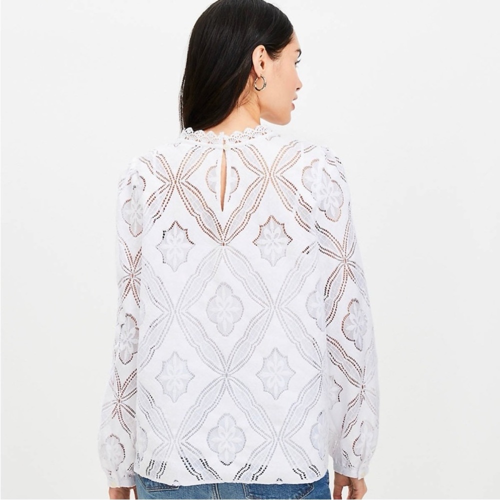 LOFT Mosaic Lace Blouse, Size M, White - Picture 2 of 8